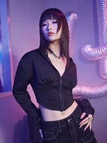 ROMWE Street Life Zip Up Crop Hoodie - Black - View 4