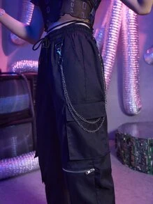 ROMWE Street Life 素色鏈條裝飾抽繩工裝褲 - 黑色 - 查看 3