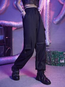 ROMWE Street Life 素色鏈條裝飾抽繩工裝褲 - 黑色 - 查看 4