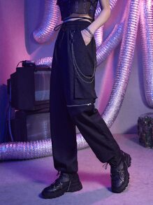 ROMWE Street Life 素色鏈條裝飾抽繩工裝褲 - 黑色 - 查看 5