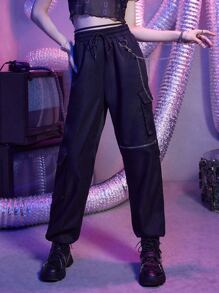 ROMWE Street Life 素色鏈條裝飾抽繩工裝褲 - 黑色 - 查看 6