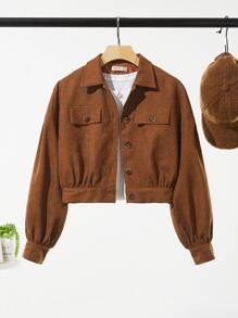 SHEIN Teen Girls Collared Flap Detail Cord Jacket - Brown - View 1