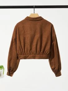 SHEIN Teen Girls Collared Flap Detail Cord Jacket - Brown - View 2