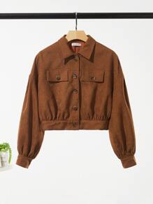 SHEIN Teen Girls Collared Flap Detail Cord Jacket - Brown - View 4