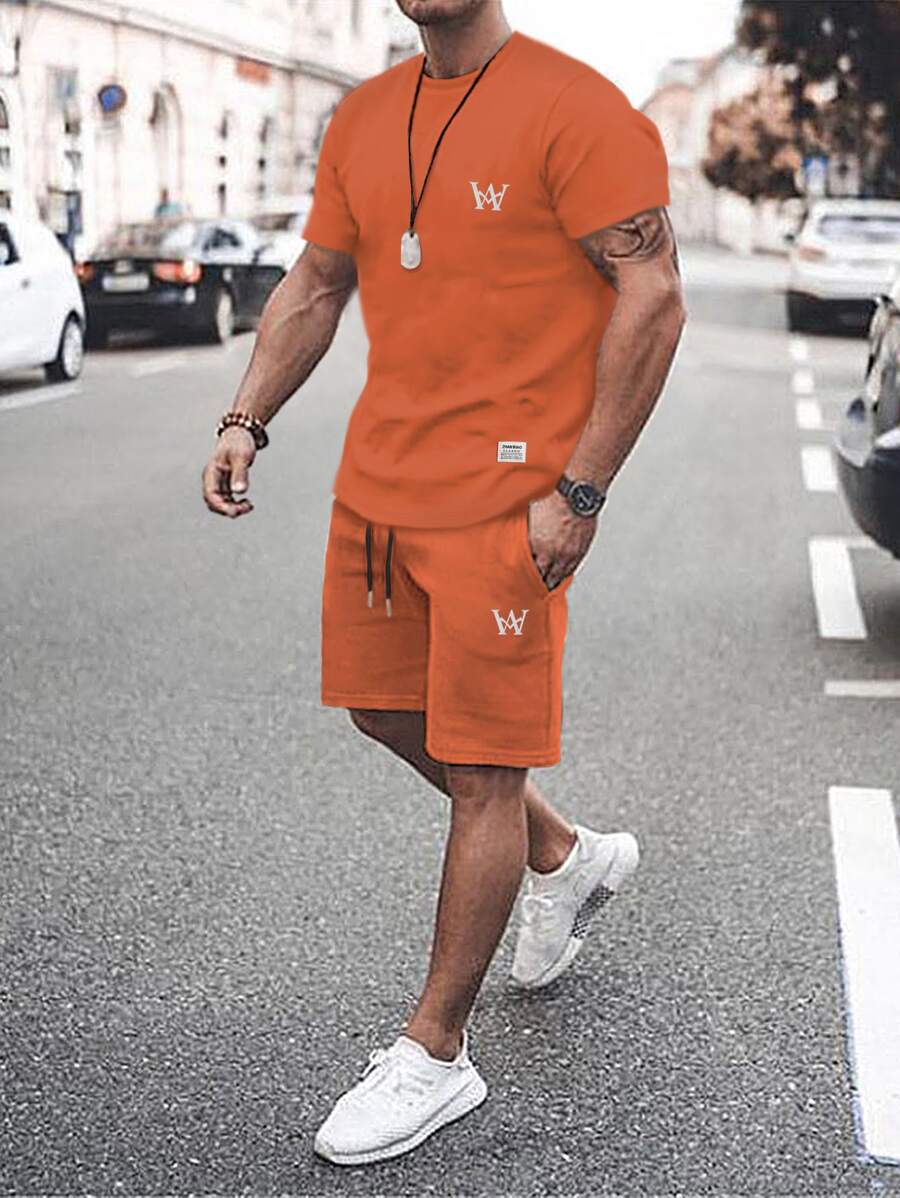 Manfinity Homme Men Letter Graphic Slogan Patched Detail Tee & Drawstring Waist Shorts - Orange - View 1