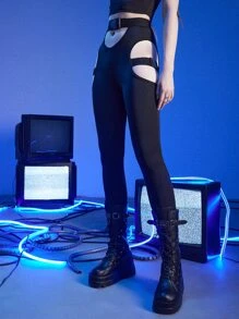 ROMWE Street Life Solid Cut Out Buckle Linked Leggings - Black - View 4