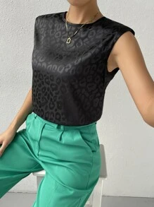 SHEIN Privé 豹紋提花墊肩襯衫 - 黑色 - 查看 3