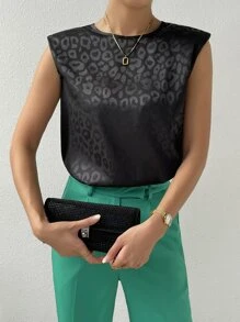 SHEIN Privé 豹紋提花墊肩襯衫 - 黑色 - 查看 4