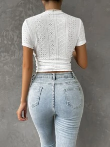 Muchica Mock Neck Eyelet Embroidery Crop Tee - White - View 2