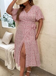 SHEIN Holidaya Plus Ditsy Floral Knot Side Wrap Dress - Multicolor - View 1