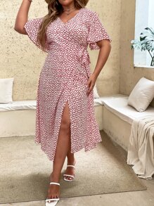 SHEIN Holidaya Plus Ditsy Floral Knot Side Wrap Dress - Multicolor - View 4