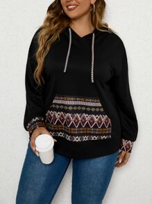 SHEIN LUNE Áo nỉ cỡ lớn in họa tiết hình học, có túi và dây rút, thích hợp cho mùa đông, thu và thu. - màu đen - Xem 3