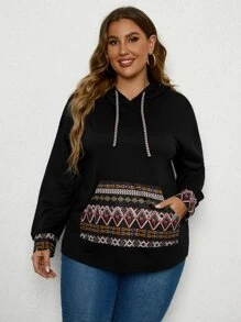 SHEIN LUNE Áo nỉ cỡ lớn in họa tiết hình học, có túi và dây rút, thích hợp cho mùa đông, thu và thu. - màu đen - Xem 4