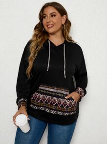 SHEIN LUNE Áo nỉ cỡ lớn in họa tiết hình học, có túi và dây rút, thích hợp cho mùa đông, thu và thu. - màu đen - Xem 5