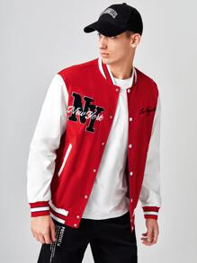 Hombres Cazadora de universidad con parche de letra de color combinado - Rojo y blanco - Ver 1