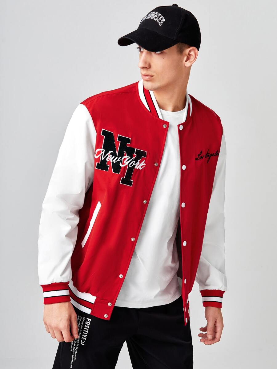 Hombres Cazadora de universidad con parche de letra de color combinado - Rojo y blanco - Ver 1