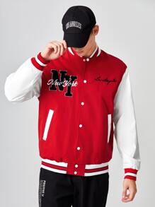 Hombres Cazadora de universidad con parche de letra de color combinado - Rojo y blanco - Ver 4
