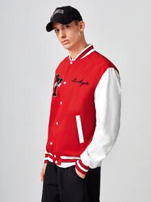 Hombres Cazadora de universidad con parche de letra de color combinado - Rojo y blanco - Ver 6
