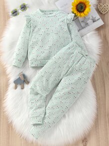 SHEIN 小女童碎花套頭衫和運動褲 - 薄荷綠 - 查看 1