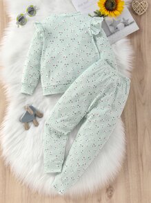 SHEIN 小女童碎花套頭衫和運動褲 - 薄荷綠 - 查看 2