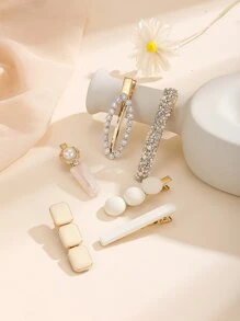 优雅 6 件水钻和仿珍珠装饰发夹爪夹发夹发夹，学校用品 - 白色 - 查看 1