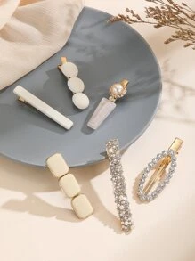 优雅 6 件水钻和仿珍珠装饰发夹爪夹发夹发夹，学校用品 - 白色 - 查看 3