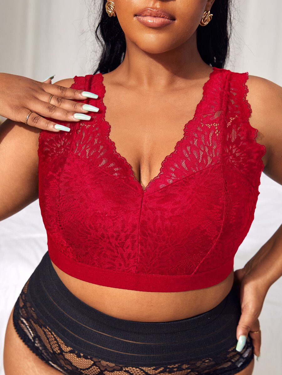 Plus Lace Wireless Bra - Red - View 1