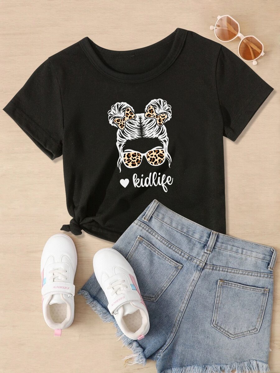 SHEIN Tween Girl 1 Piece Of Fashion Casual Leopard Print Bow Glasses Girl Portrait Print Round Neck Short-Sleeved T-Shirt