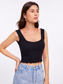 SHEIN Essnce Lettuce Edge Crop Top - Black - View 5