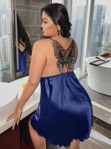 Đầm mặc nhà Kích Thước Lớn Tương phản ren Xù nhỏ Xù Loại bướm Gợi cảm - Màu xanh hải quân - Xem 1