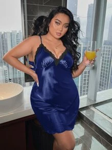 Đầm mặc nhà Kích Thước Lớn Tương phản ren Xù nhỏ Xù Loại bướm Gợi cảm - Màu xanh hải quân - Xem 2