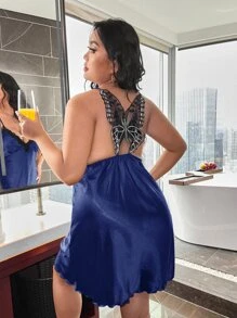 Đầm mặc nhà Kích Thước Lớn Tương phản ren Xù nhỏ Xù Loại bướm Gợi cảm - Màu xanh hải quân - Xem 4