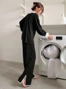 DAZY Contrast Lace Trim Statement Collar Flounce Sleeve PJ Set - Black and White - View 2