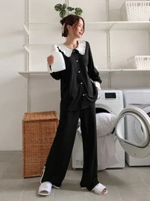 DAZY Contrast Lace Trim Statement Collar Flounce Sleeve PJ Set - Black and White - View 3