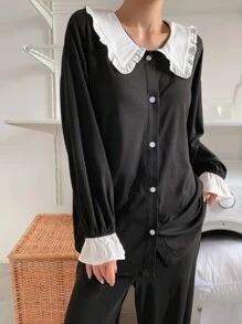 DAZY Contrast Lace Trim Statement Collar Flounce Sleeve PJ Set - Black and White - View 4