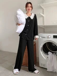 DAZY Contrast Lace Trim Statement Collar Flounce Sleeve PJ Set - Black and White - View 5