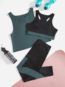 Easithlete Plus Twist Back Tank Top & Colourblock Bra & Leggings Sports Set - Multicolor - View 1