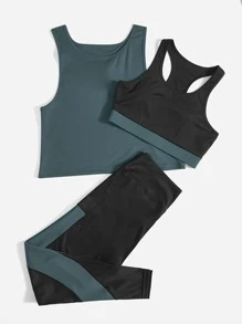 Easithlete Plus Twist Back Tank Top & Colourblock Bra & Leggings Sports Set - Multicolor - View 4