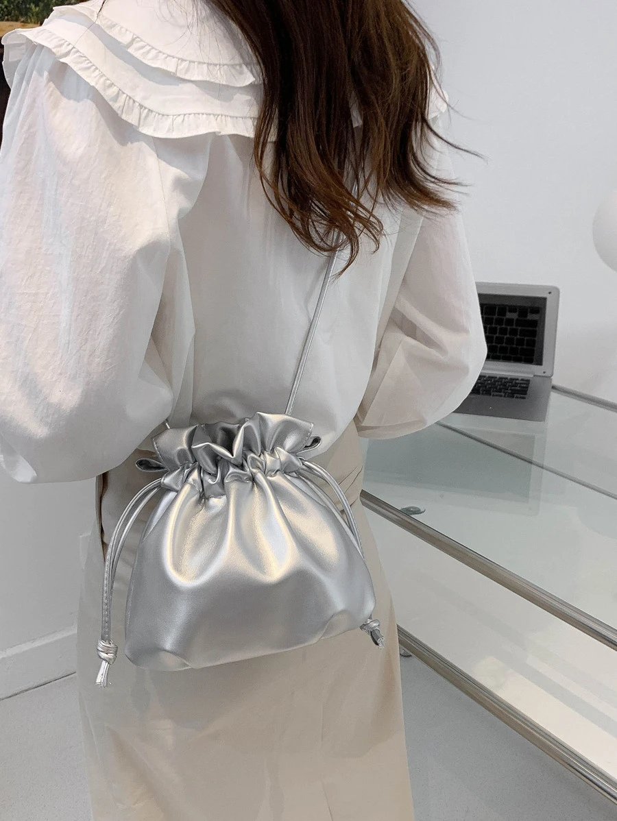 Lightweight,Business Casual Fashionable,Minimalist Metallic Drawstring Design Bucket Bag For Teen Girls Women College Students,Rookies & White-collar Workers Perfect for Office,Work ,Business,Commute,Outdoors, Travel, Outings
