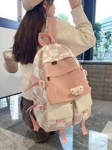 Cartoon & Slogan Graphic Functional Backpack With Bag Charm - Multicolor - View 1