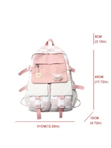 Cartoon & Slogan Graphic Functional Backpack With Bag Charm - Multicolor - View 7