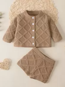 Bebé Cárdigan con botón delantero & Shorts tejidos - Marrón - Ver 1