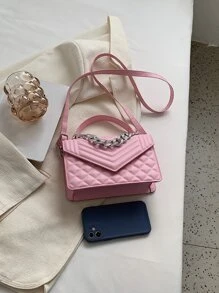 鋸齒紋和幾何衍縫鏈條裝飾方包 - 粉色 - 查看 8