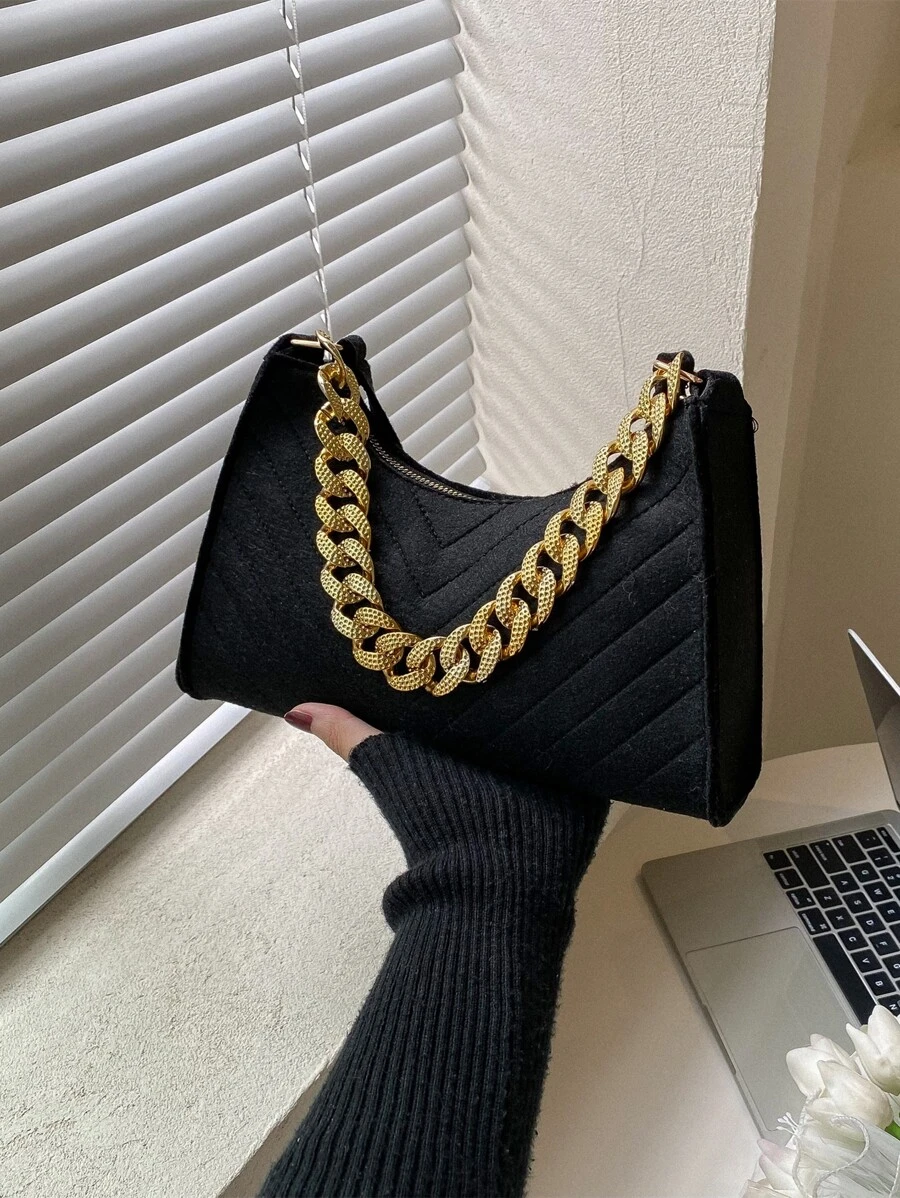 Chevron Detail Chain Suedette Bag - Black - View 1