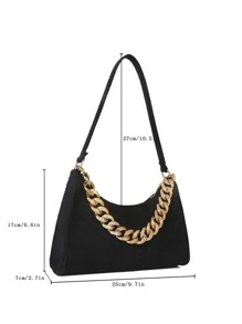 Chevron Detail Chain Suedette Bag - Black - View 3