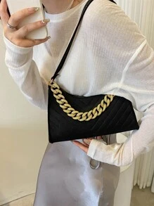Chevron Detail Chain Suedette Bag - Black - View 4