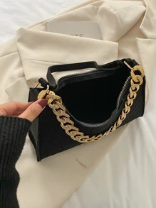 Chevron Detail Chain Suedette Bag - Black - View 5
