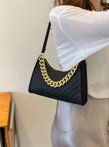 Chevron Detail Chain Suedette Bag - Black - View 6