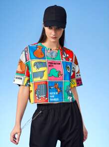 TOM & JERRY X SHEIN Cartoon Graphic Drop Shoulder Tee - Multicolor - View 1