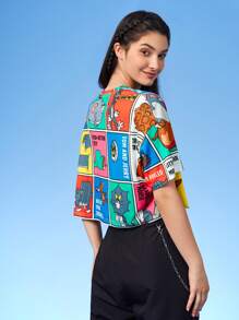 TOM & JERRY X SHEIN Cartoon Graphic Drop Shoulder Tee - Multicolor - View 2